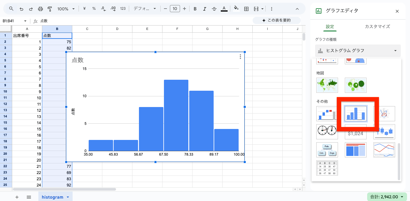 「設定」タブの中にある「グラフの種類」を探し、候補の中から「ヒストグラムグラフ」を選ぶ